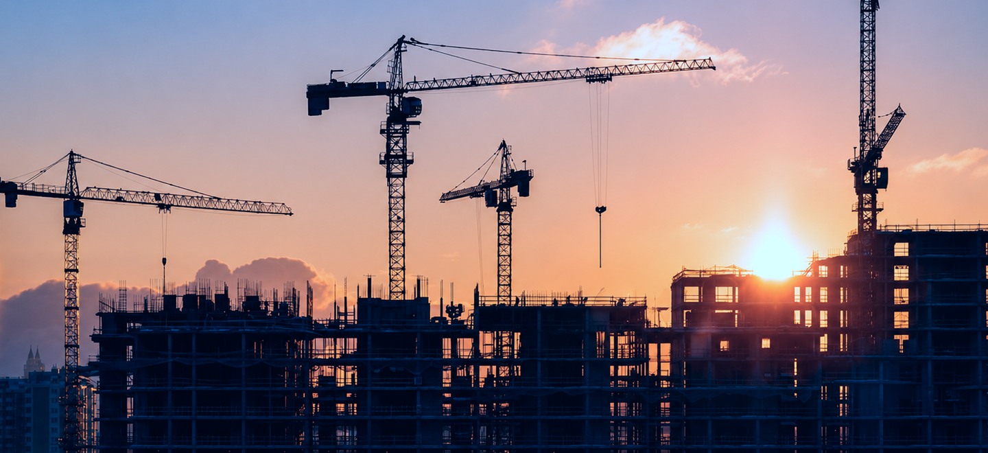 Construction cranes and building infrastructure at sunset
