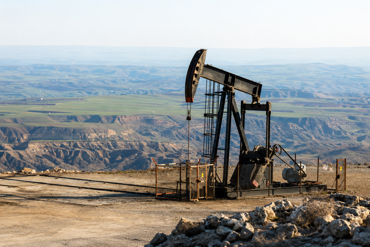 Oil and gas pump jack in an energy production landscape
